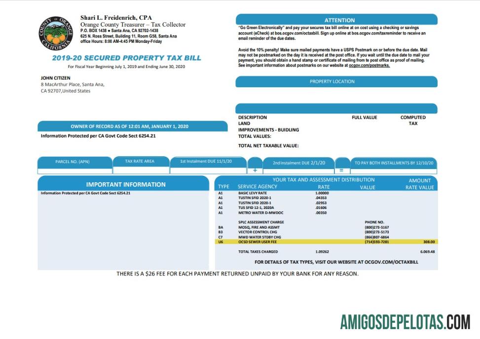 Em branco modelo de projeto de lei de imposto sobre a propriedade do condado de Orange, Califórnia, nos EUA, em formato Word e PDF